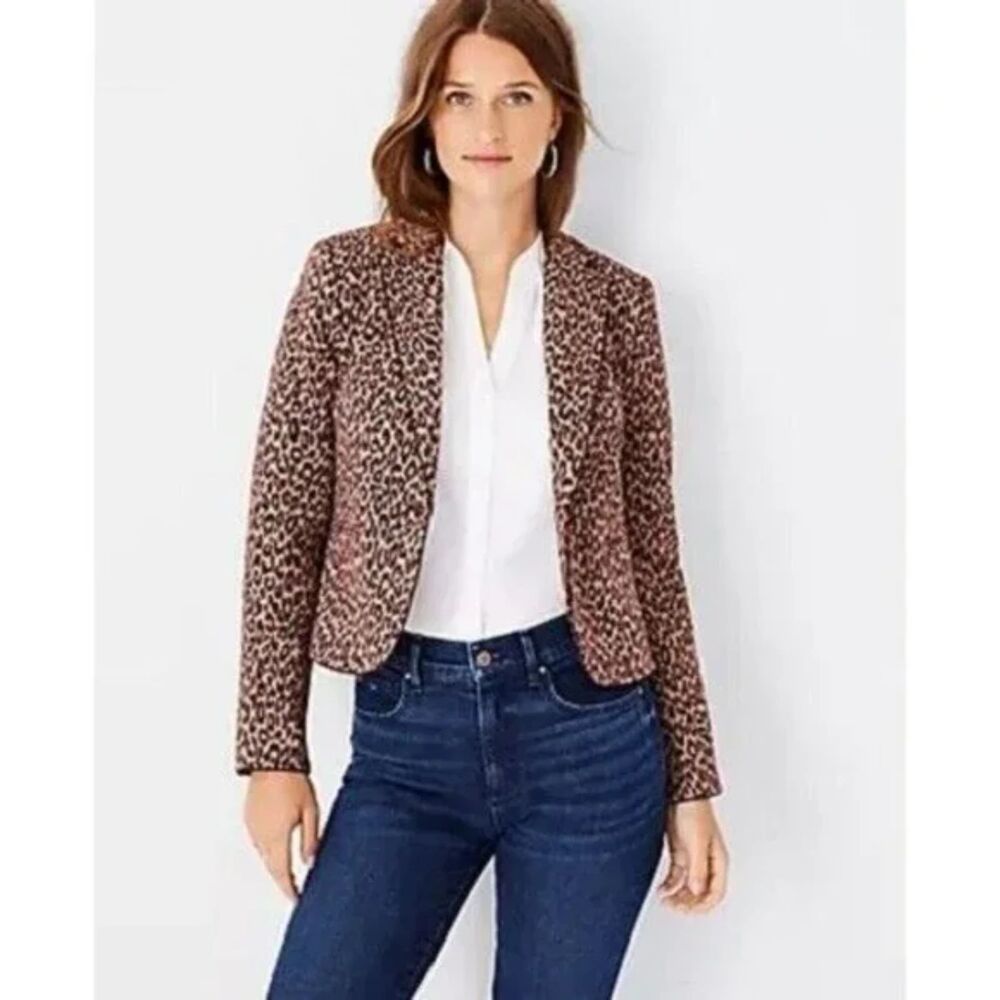 ANN TAYLOR Womens Jacket Size 4 Brown Leopard NEWBURY BLAZER Short Pockets
